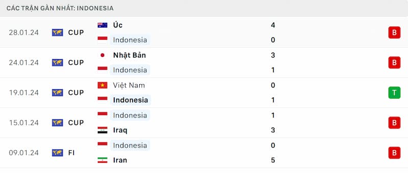 Thành tích 5 trận đã qua của Indonesia