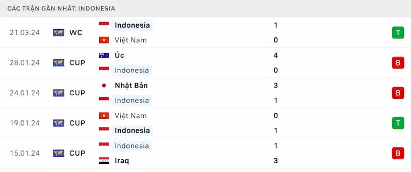 Thành tích 5 trận đã qua của Indonesia