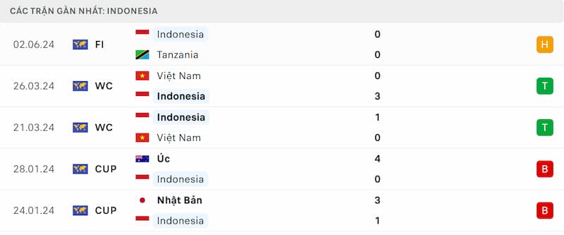 Thành tích 5 trận đã qua của Indonesia